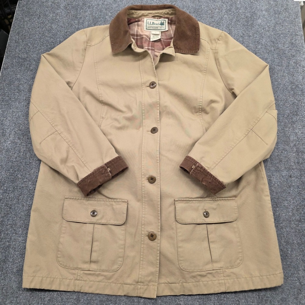 LL Bean Womens 1X Khaki Barn Jacket Plaid Lined Corduroy Trim 259546 Tan Coat